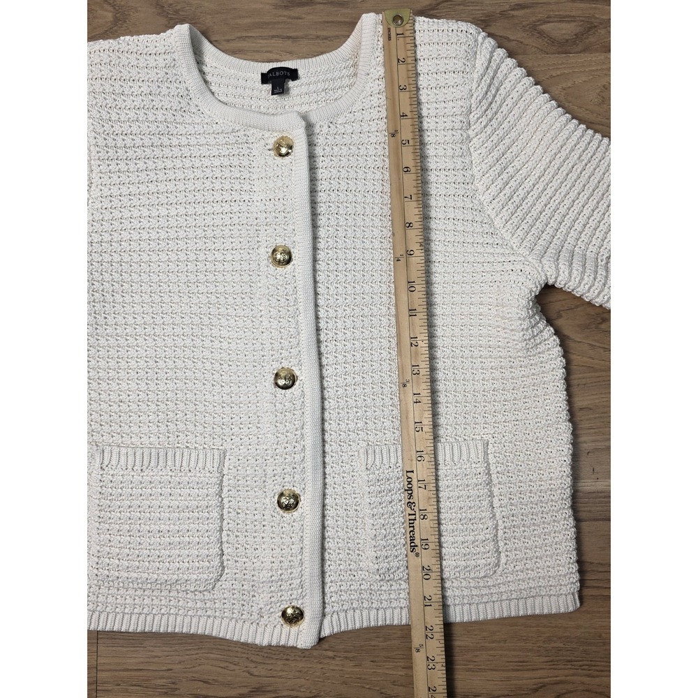 Talbots Kate Cardigan Size Large Ivory Gold Buttons Pockets Chunky Knit - Picture 6 of 9